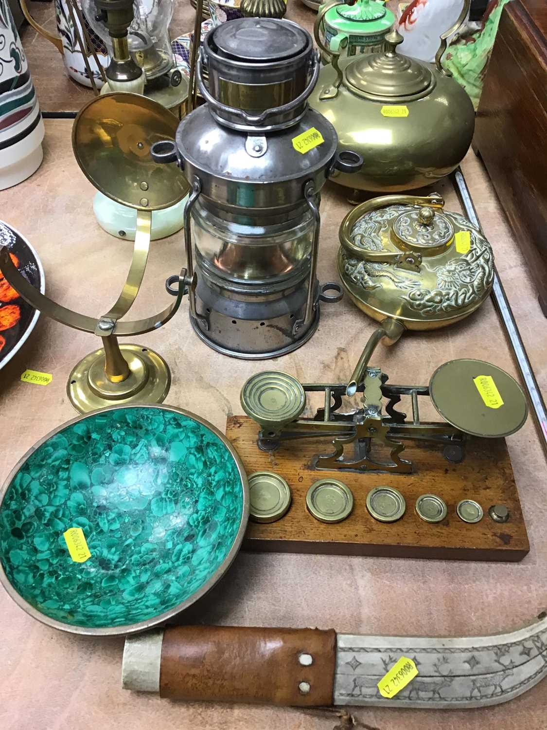 Lot 347 - Chinese brass vessel together with Victorian postal scales etc