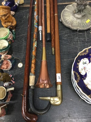 Lot 227 - Brass and copper coaching horn, various sticks