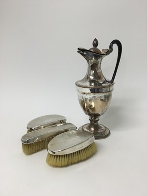 Lot 197 - Three silver backed brushes and a 19th Old Sheffield Plate hot water pot