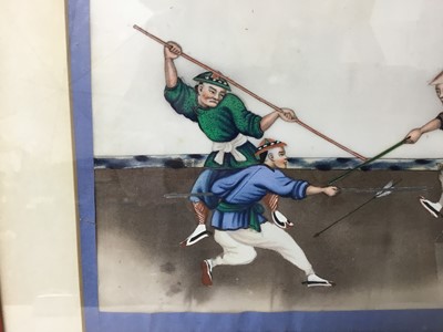 Lot 139 - Pair of late 19th century Chinese paintings on rice paper - warriors, in glazed frames