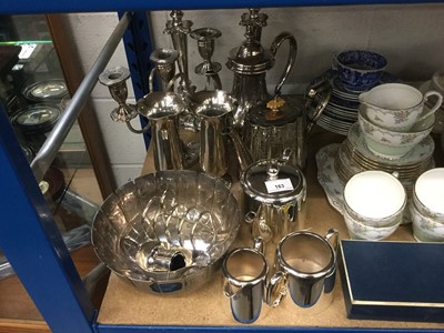 Lot 163 - Collection of assorted silver plated wares to include candlesticks and teapot