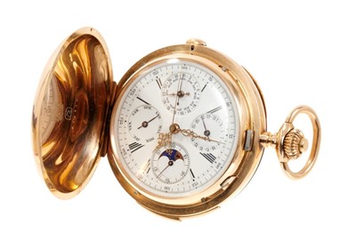 Lot 600 - Gold quarter-repeating moon phase calendar pocket watch