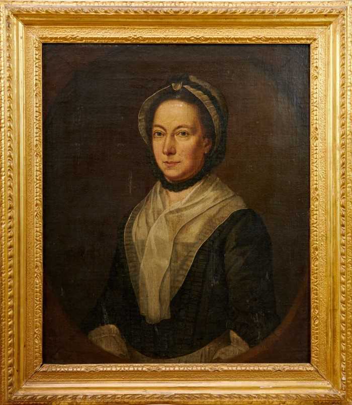 Lot 1068 - Late 18th/early 19th century oil on canvas - portrait of lady, Jane Moore, handwritten family history verso, in gilt frame, 74cm x 62cm