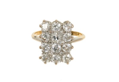 Lot 430 - Antique diamond cluster ring with a rectangular plaque, set with twelve old cut diamonds and six further old cut diamond accents to the claws