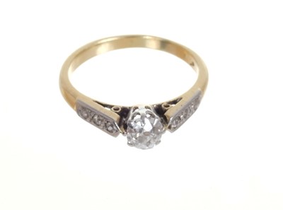 Lot 433 - Diamond single stone ring with an old cut diamond in claw setting with diamond set shoulders on 18ct gold shank