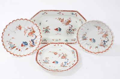 Lot 106 - Four 18th century English porcelain dishes, all probably Bow, decorated in the Kakiemon style with the Two Quail pattern, including two fluted examples, a platter and an octagonal dish