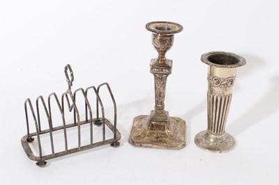Lot 279 - Edwardian silver candlestick, spill vase, toast rack