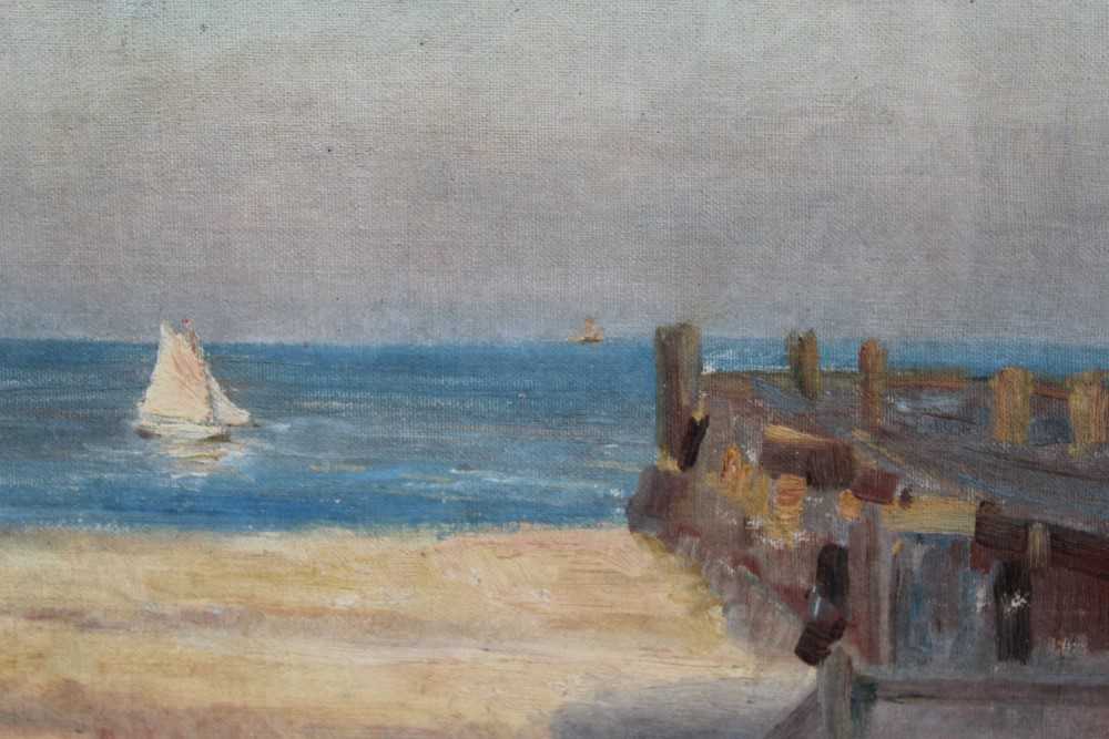 Lot 1076 - Robert G. D. Alexander oil on canvas - groins at East Terrace, Walton On The Naze, signed, in glazed walnut veneered frame, 26cm x 31 cm
