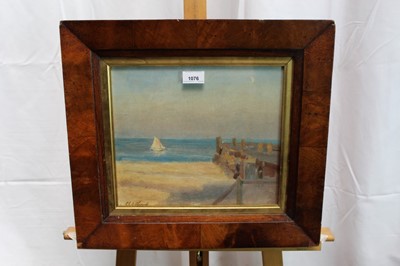 Lot 1076 - Robert G. D. Alexander oil on canvas - groins at East Terrace, Walton On The Naze, signed, in glazed walnut veneered frame, 26cm x 31 cm