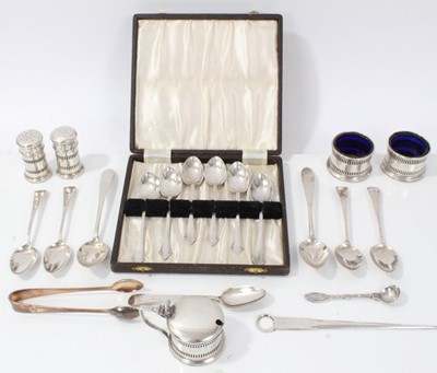 Lot 77 - Cased set of six silver teaspoons, other silver teaspoons and a silver cruet set