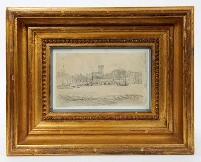 Lot 1022 - John Constable (1776-1837) pencil drawing - A Church on an Estuary, in glazed gilt frame