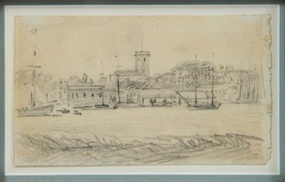 Lot 1022 - John Constable (1776-1837) pencil drawing - A Church on an Estuary, in glazed gilt frame