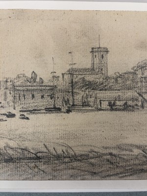 Lot 1022 - John Constable (1776-1837) pencil drawing - A Church on an Estuary, in glazed gilt frame