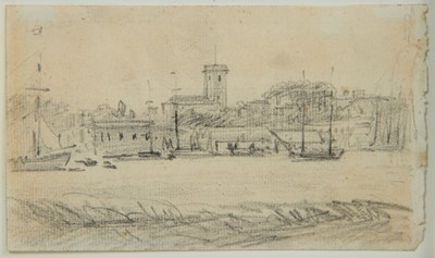 Lot 1022 - John Constable (1776-1837) pencil drawing - A Church on an Estuary, in glazed gilt frame