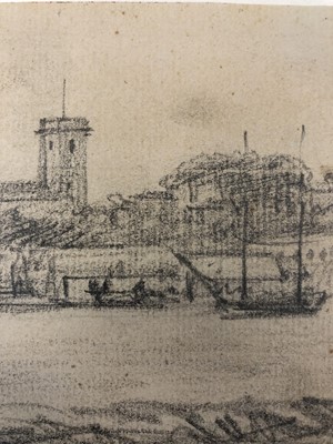 Lot 1022 - John Constable (1776-1837) pencil drawing - A Church on an Estuary, in glazed gilt frame