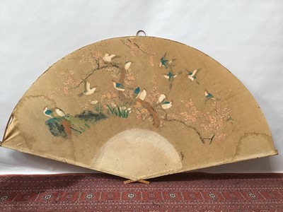 Lot 1816 - Large 1930s Japanese painted cotton wall hanging in the form of a fan