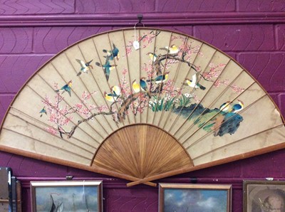 Lot 400 - Large 1930s Japanese painted cotton wall hanging in the form of a fan