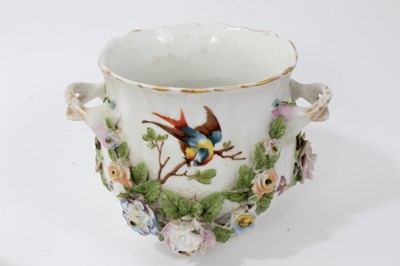 Lot 103 - Meissen floral encrusted pot and cover on stand, together with pair of Dresden bough pots