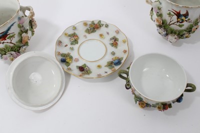 Lot 103 - Meissen floral encrusted pot and cover on stand, together with pair of Dresden bough pots