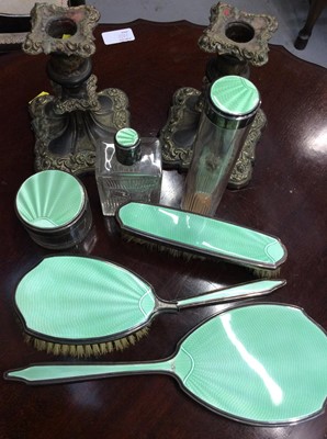 Lot 714 - Silver and green enamel dressing table set and pair candlesticks