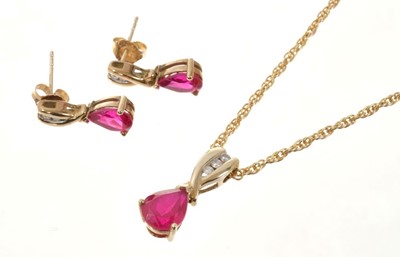 Lot 458 - Diamond and synthetic ruby pendant on chain and matching earrings in 9ct gold setting