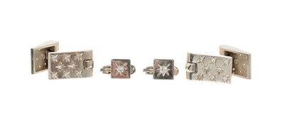 Lot 498 - Pair of Art Deco diamond and 18ct white gold cufflinks and dress studs by Gübelin, with single cut and brilliant cut diamonds in star-shape design, signed and numbered