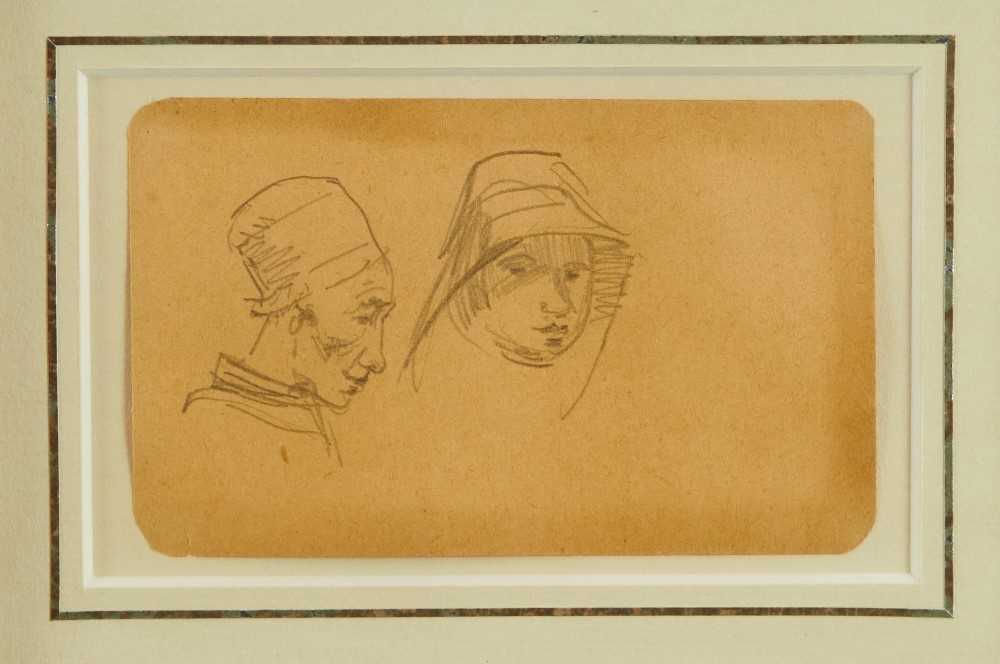 Lot 993 - *Augustus John (1878-1961) pencil sketch - Two figures in hats, a further drawing verso of a lady, 11cm x 6cm, in double-sided glazed frame