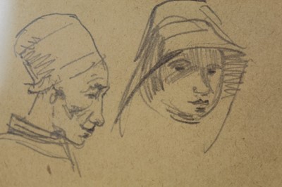 Lot 993 - *Augustus John (1878-1961) pencil sketch - Two figures in hats, a further drawing verso of a lady, 11cm x 6cm, in double-sided glazed frame