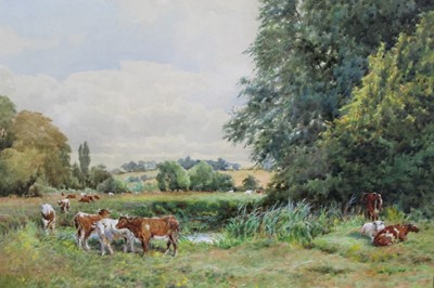 Lot 1001 - Miller Smith (1854-1937), watercolour - Cattle in water meadows, signed and dated 1905, 27 x 37cm