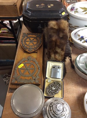 Lot 431 - Chinese lacquer work box together with oak book slide and other items