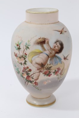 Lot 107 - 19th Century Bohemian vase by Josef Ahne of footed ovoid form with collar neck, and hand painted decoration depicting Putto amongst birds
