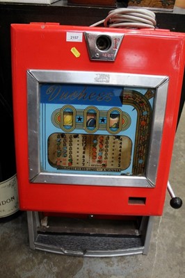 Lot 2157 - 1950s one arm bandit arcade / slot machine 'Duchess' in red painted case