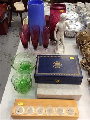 Lot 442 - Ruby glass vase , six ruby glasses and sundry glassware