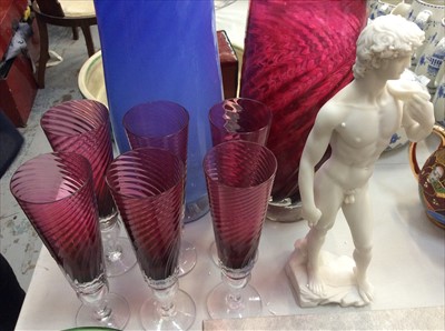 Lot 442 - Ruby glass vase , six ruby glasses and sundry glassware