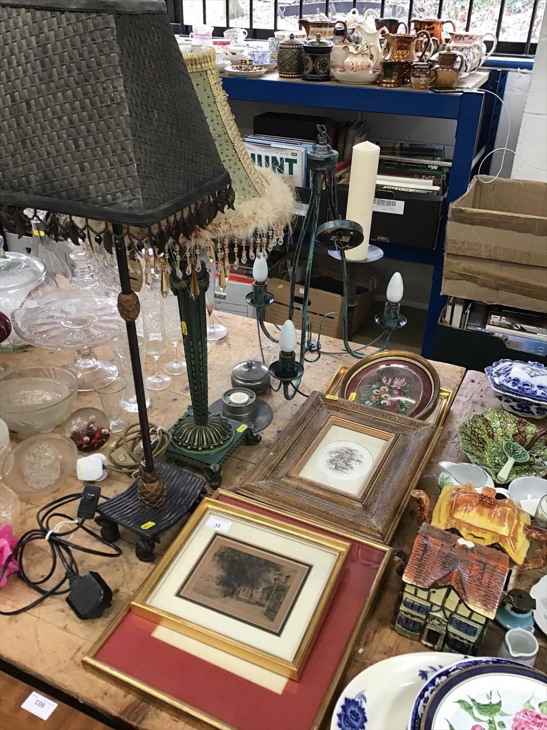 Lot 15 - Two table lamps, candle stand and a metal ceiling light
