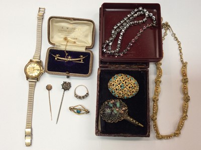 Lot 657 - Victorian 10k gold seed pearl star and crescent moon brooch, two Victorian stick pins and vintage costume jewellery