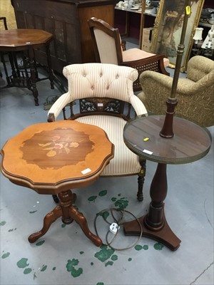 Lot 873 - Edwardian brass and mahogany standard lamp, wine table and Edwardian corner chair