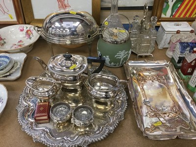 Lot 153 - Group of various silver plate - tea set, trays, Wedgwood biscuit barrel, cruet stand and other items