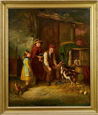 Lot 1067 - Victorian oil on canvas, interior with children and animals