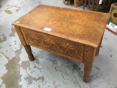 Lot 954 - Hand carved light oak tripod table, ditto hall/consol table and ditto box stool