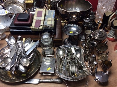 Lot 435 - Silver plated ware to include Edwardian three piece tea set, punch bowl, canteen of cutlery