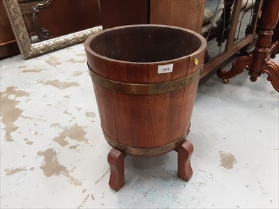 Lot 1003 - Brass bound wooden bucket, brass jardiniere on stand and occasional tables