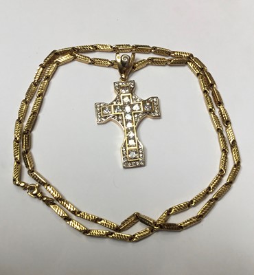 Lot 163 - Yellow metal and gem-set cross pendant on chain, stamped NG10K