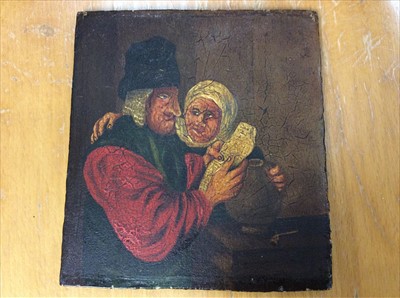 Lot 437 - 19th Century Dutch School Oil on panel- man reading and woman with water jug at a table