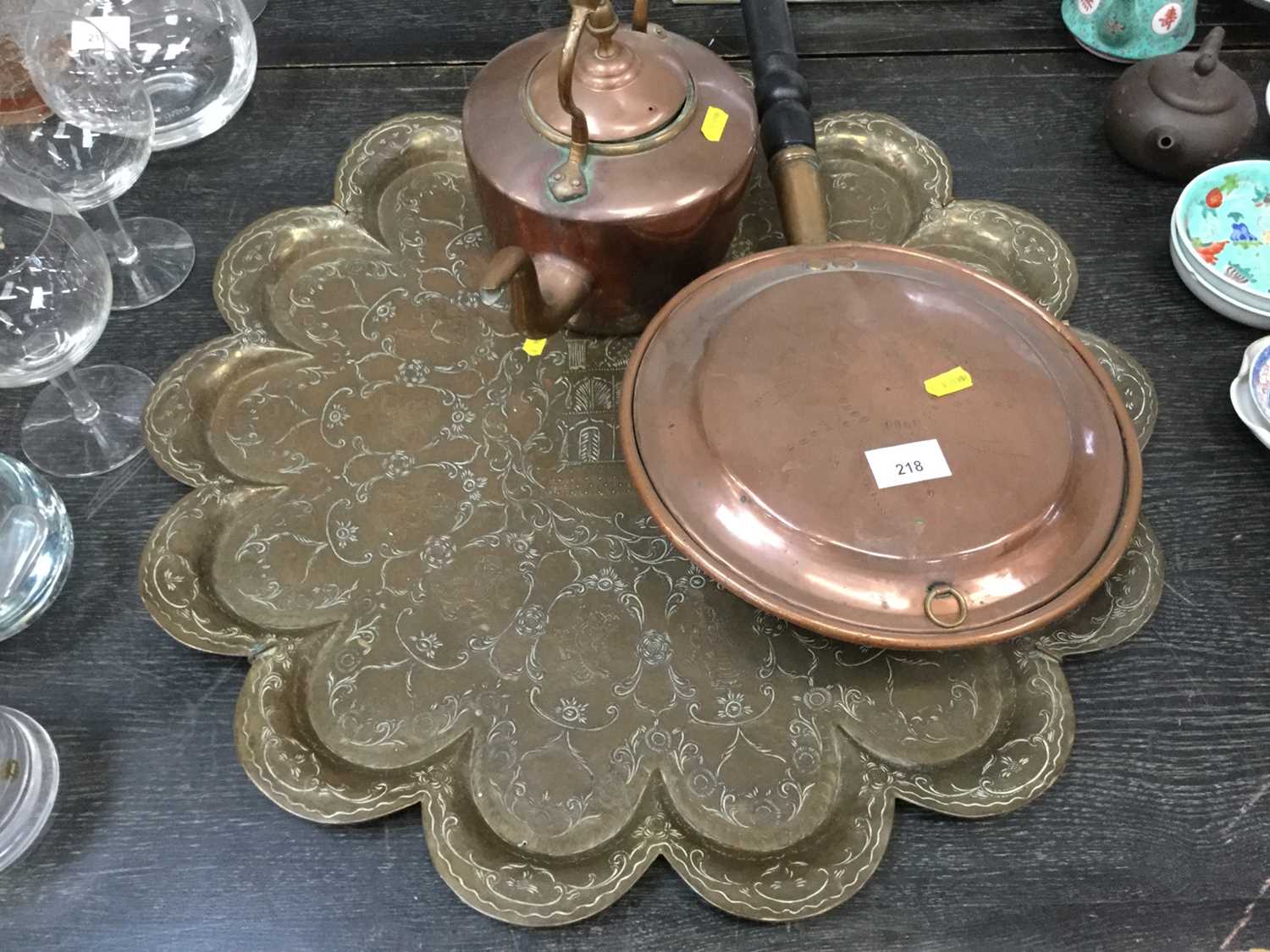Lot 218 - Brass tray copper kettle, warming pan