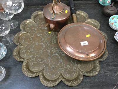 Lot 218 - Brass tray copper kettle, warming pan