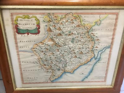 Lot 102 - 18th century handcoloured map of Monmouthshire by Robert Morden in swept glazed maple frame