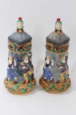 Lot 173 - A matched pair of Minton Majolica 'Tower' jugs, 1881 and 1883, 33cm height