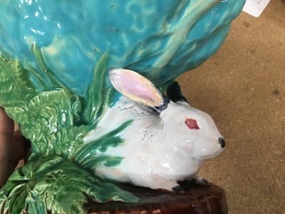 Lot 174 - Rare Minton majolica rabbit and lettuce leaf comport, polychrome painted, date mark for 1870, 25cm across
