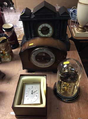 Lot 438 - Victorian mantel clock in temple shape black slate case, Garrard brass carriage clock, anniversary clock and a mantel clock